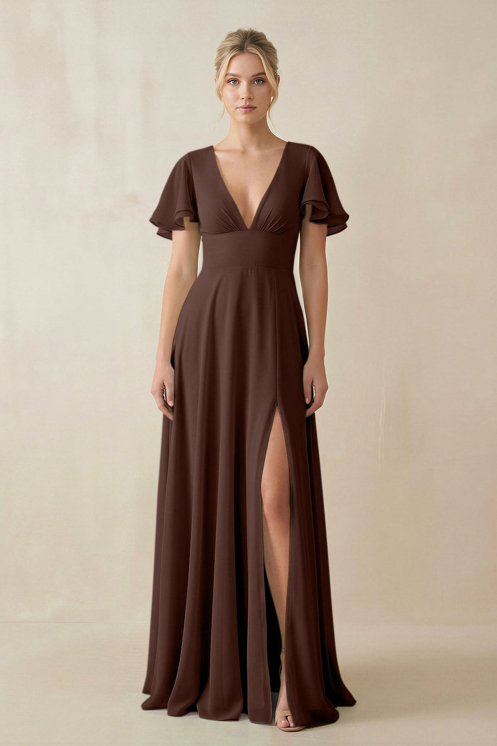 V - Neck Ruffled Short Sleeves A - Line Bridesmaid Dress in Espresso - KissProm Bridesmaid Dresses
