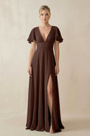 V - Neck Ruffled Short Sleeves A - Line Bridesmaid Dress in Espresso - KissProm Bridesmaid Dresses