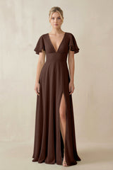 V - Neck Ruffled Short Sleeves A - Line Bridesmaid Dress in Espresso - KissProm Bridesmaid Dresses