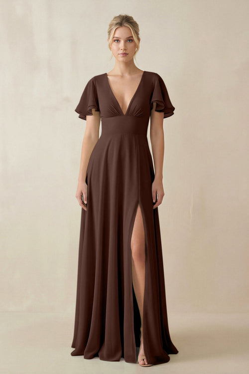 V - Neck Ruffled Short Sleeves A - Line Bridesmaid Dress in Espresso - KissProm Bridesmaid Dresses