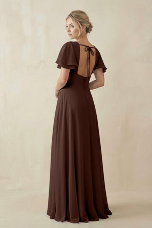 V - Neck Ruffled Short Sleeves A - Line Bridesmaid Dress in Espresso - KissProm Bridesmaid Dresses