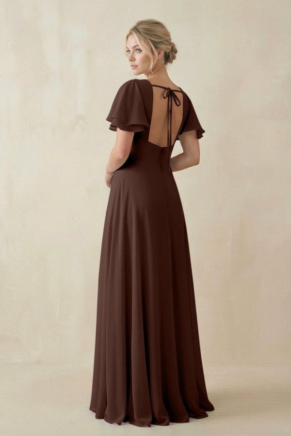 V - Neck Ruffled Short Sleeves A - Line Bridesmaid Dress in Espresso - KissProm Bridesmaid Dresses