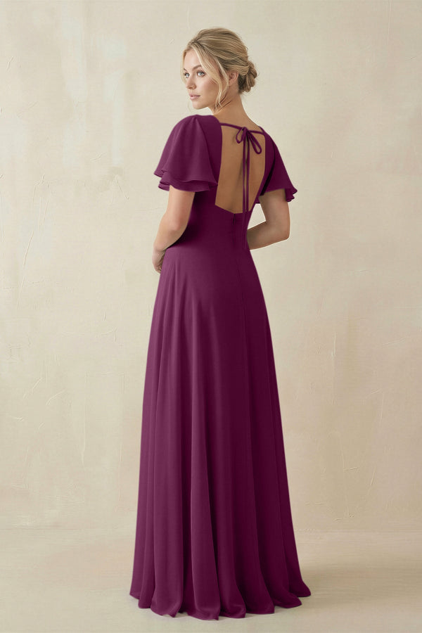V - Neck Ruffled Short Sleeves A - Line Bridesmaid Dress in Fig - KissProm Bridesmaid Dresses