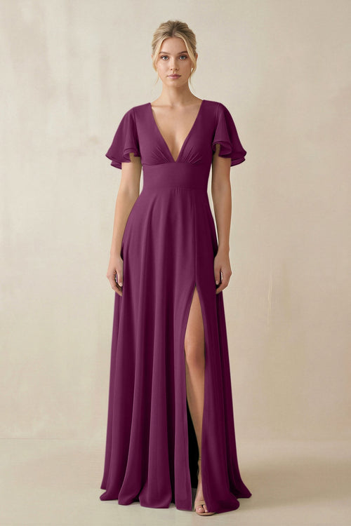 V - Neck Ruffled Short Sleeves A - Line Bridesmaid Dress in Fig - KissProm Bridesmaid Dresses