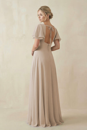 V - Neck Ruffled Short Sleeves A - Line Bridesmaid Dress in Frost - KissProm Bridesmaid Dresses