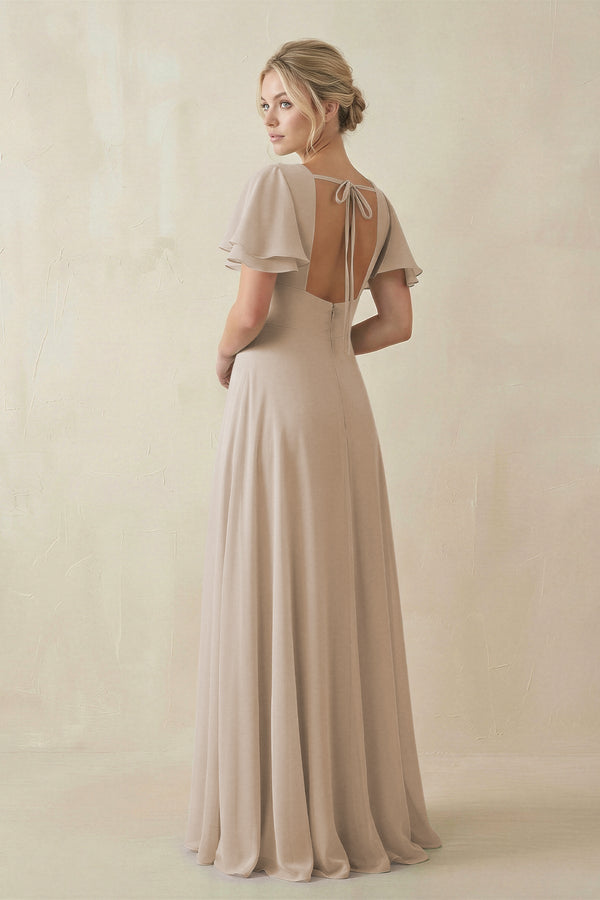 V - Neck Ruffled Short Sleeves A - Line Bridesmaid Dress in Frost - KissProm Bridesmaid Dresses