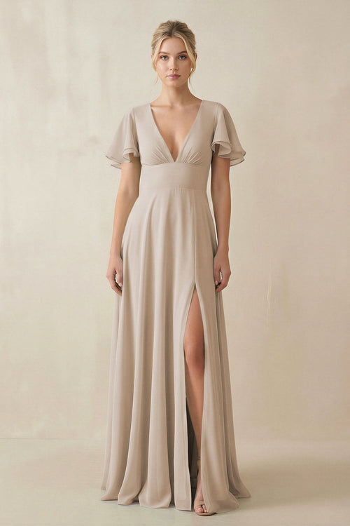 KissProm V-Neck Ruffled Short Sleeves A-Line Bridesmaid Dress in Frost, Frost / 26
