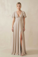 V - Neck Ruffled Short Sleeves A - Line Bridesmaid Dress in Frost - KissProm Bridesmaid Dresses
