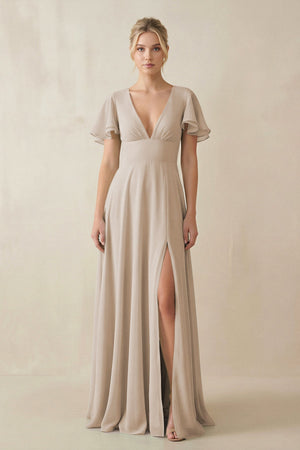 V - Neck Ruffled Short Sleeves A - Line Bridesmaid Dress in Frost - KissProm Bridesmaid Dresses
