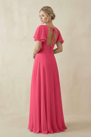 V - Neck Ruffled Short Sleeves A - Line Bridesmaid Dress in Fuchsia - KissProm Bridesmaid Dresses