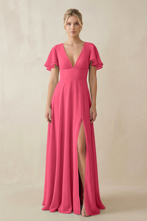 V - Neck Ruffled Short Sleeves A - Line Bridesmaid Dress in Fuchsia - KissProm Bridesmaid Dresses