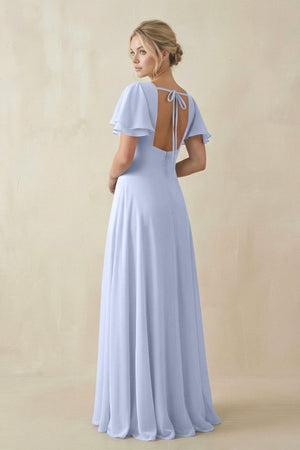 V - Neck Ruffled Short Sleeves A - Line Bridesmaid Dress in Ice - KissProm Bridesmaid Dresses