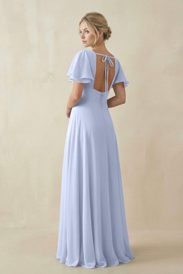V - Neck Ruffled Short Sleeves A - Line Bridesmaid Dress in Ice - KissProm Bridesmaid Dresses