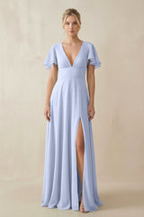 V - Neck Ruffled Short Sleeves A - Line Bridesmaid Dress in Ice - KissProm Bridesmaid Dresses