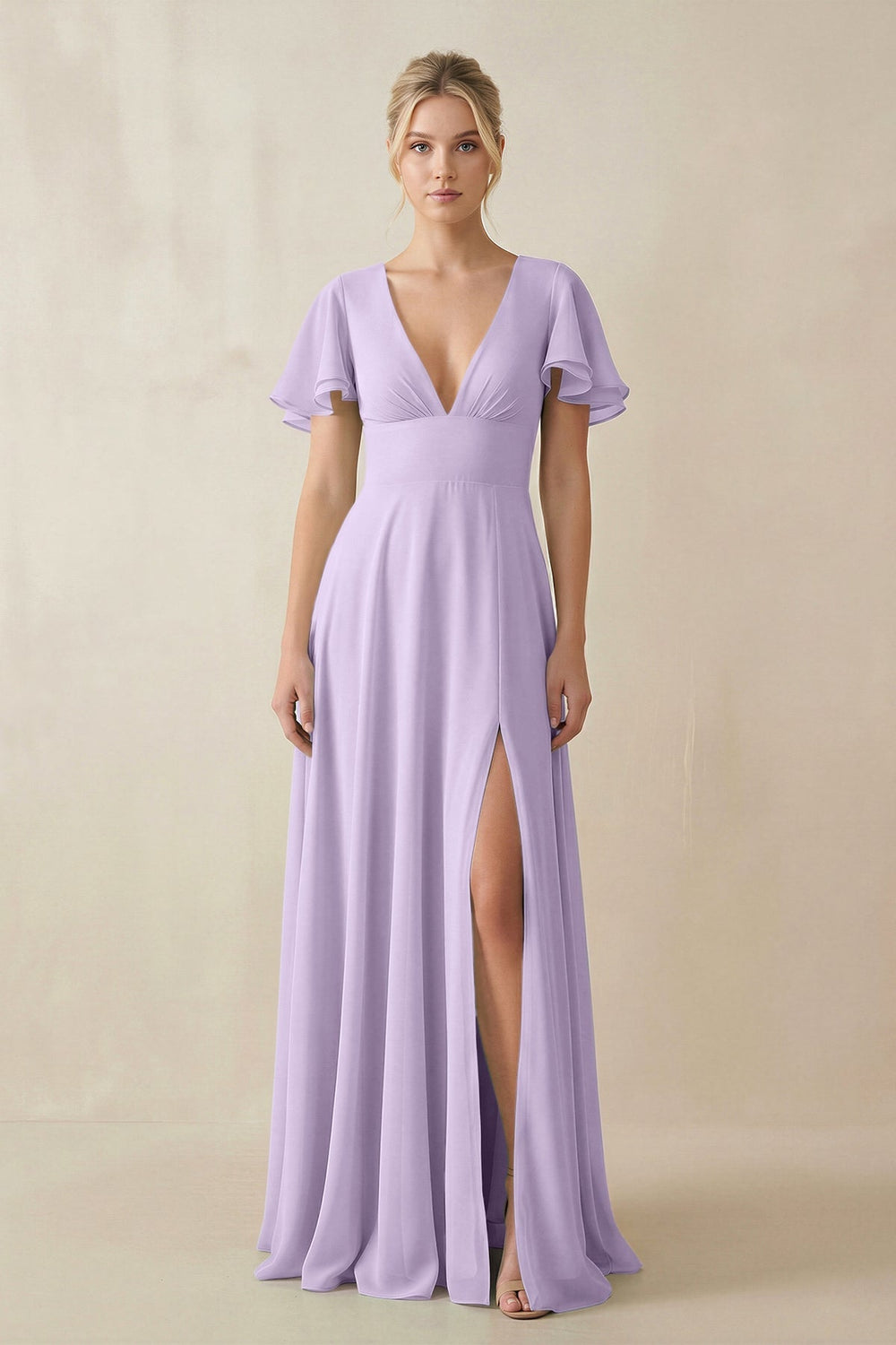 V - Neck Ruffled Short Sleeves A - Line Bridesmaid Dress in Lavender - KissProm Bridesmaid Dresses