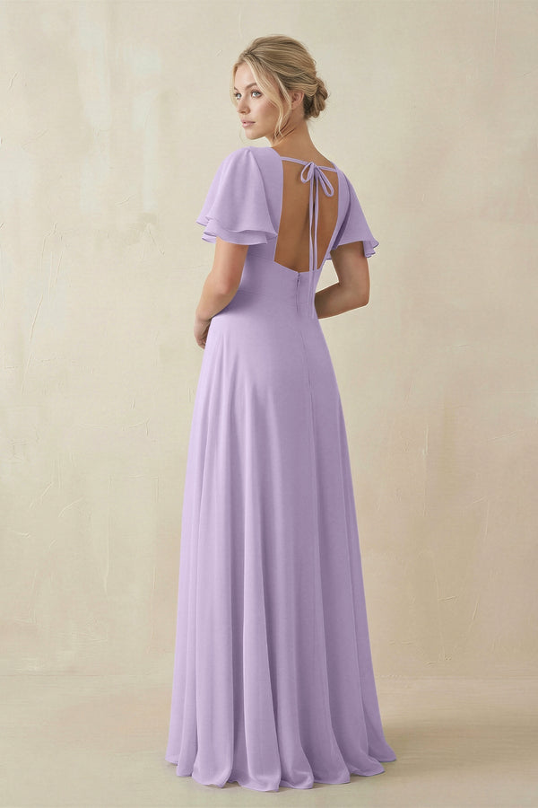 KissProm V-Neck Ruffled Short Sleeves A-Line Bridesmaid Dress in Lavender, Lavender / 28