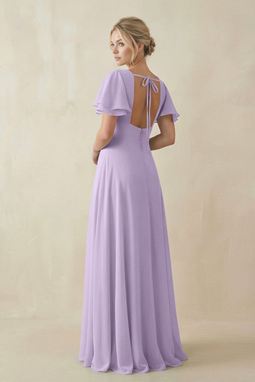 V - Neck Ruffled Short Sleeves A - Line Bridesmaid Dress in Lavender - KissProm Bridesmaid Dresses