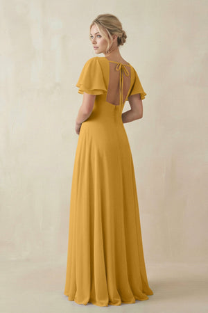 V - Neck Ruffled Short Sleeves A - Line Bridesmaid Dress in Marigold - KissProm Bridesmaid Dresses