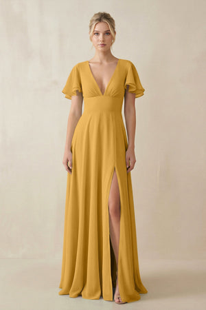 V - Neck Ruffled Short Sleeves A - Line Bridesmaid Dress in Marigold - KissProm Bridesmaid Dresses