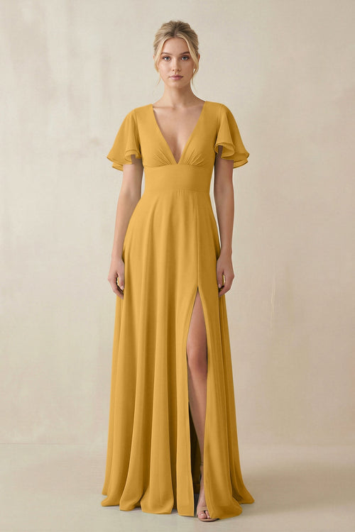 V - Neck Ruffled Short Sleeves A - Line Bridesmaid Dress in Marigold - KissProm Bridesmaid Dresses
