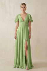 V - Neck Ruffled Short Sleeves A - Line Bridesmaid Dress in Matcha - KissProm Bridesmaid Dresses