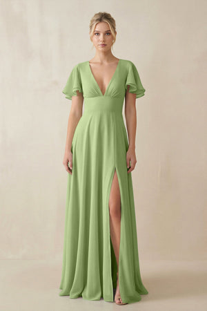V - Neck Ruffled Short Sleeves A - Line Bridesmaid Dress in Matcha - KissProm Bridesmaid Dresses