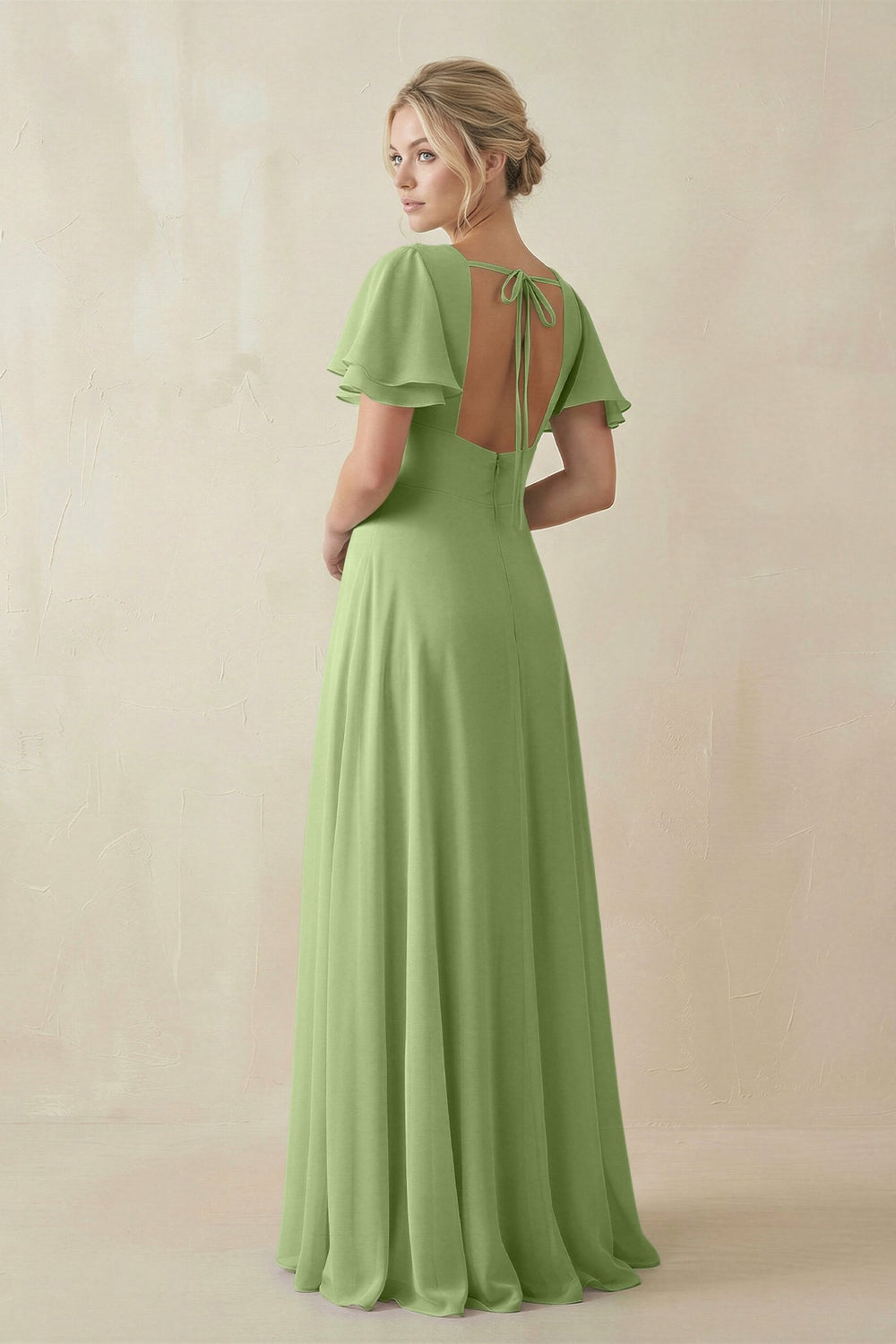 V - Neck Ruffled Short Sleeves A - Line Bridesmaid Dress in Matcha - KissProm Bridesmaid Dresses