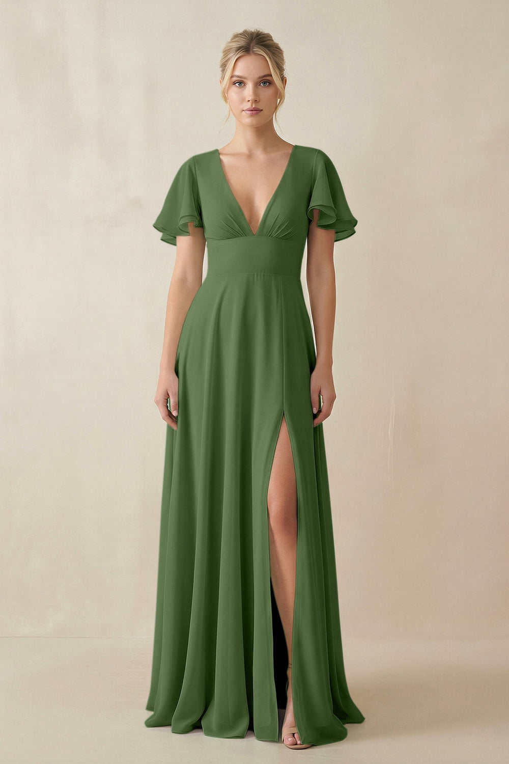 V - Neck Ruffled Short Sleeves A - Line Bridesmaid Dress in Moss - KissProm Bridesmaid Dresses