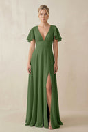 V - Neck Ruffled Short Sleeves A - Line Bridesmaid Dress in Moss - KissProm Bridesmaid Dresses