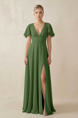 V - Neck Ruffled Short Sleeves A - Line Bridesmaid Dress in Moss - KissProm Bridesmaid Dresses
