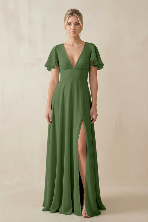 V - Neck Ruffled Short Sleeves A - Line Bridesmaid Dress in Moss - KissProm Bridesmaid Dresses