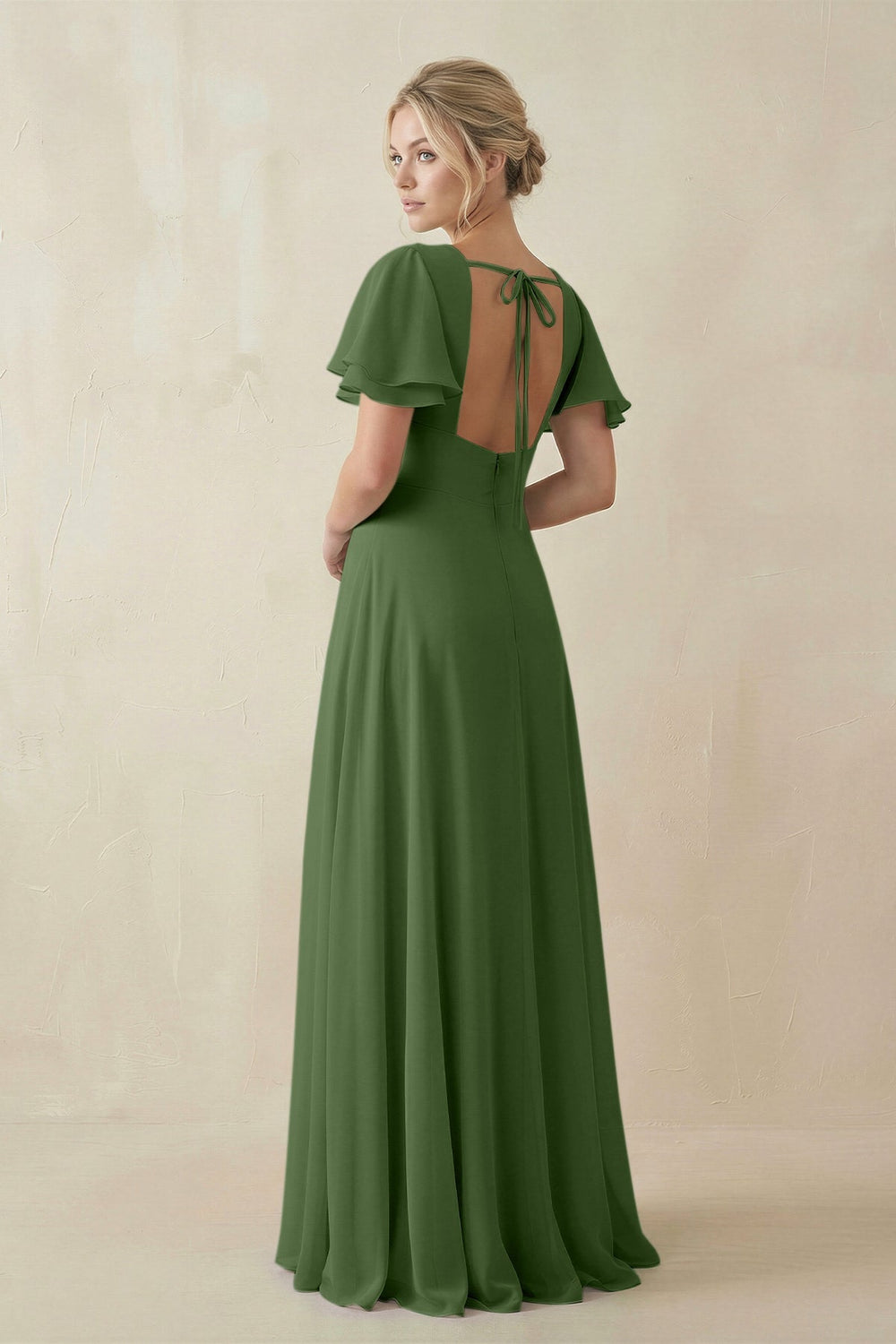 V - Neck Ruffled Short Sleeves A - Line Bridesmaid Dress in Moss - KissProm Bridesmaid Dresses
