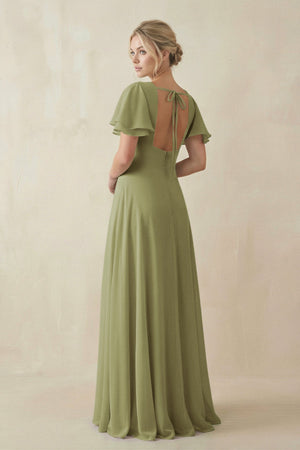 V - Neck Ruffled Short Sleeves A - Line Bridesmaid Dress in Moss Green - KissProm Bridesmaid Dresses