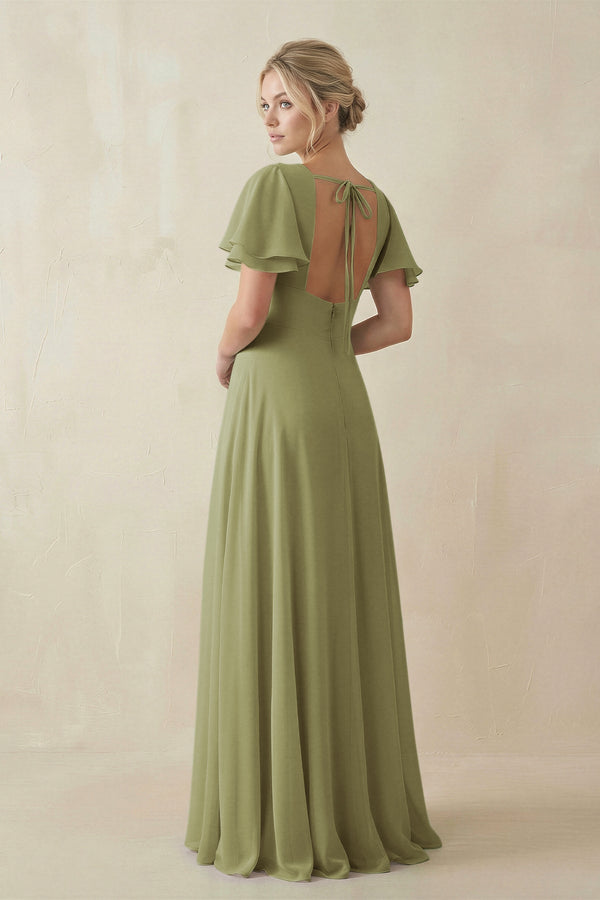 V - Neck Ruffled Short Sleeves A - Line Bridesmaid Dress in Moss Green - KissProm Bridesmaid Dresses