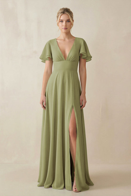 KissProm V-Neck Ruffled Short Sleeves A-Line Bridesmaid Dress in Moss Green, Moss Green / 26