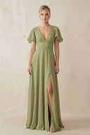 V - Neck Ruffled Short Sleeves A - Line Bridesmaid Dress in Moss Green - KissProm Bridesmaid Dresses