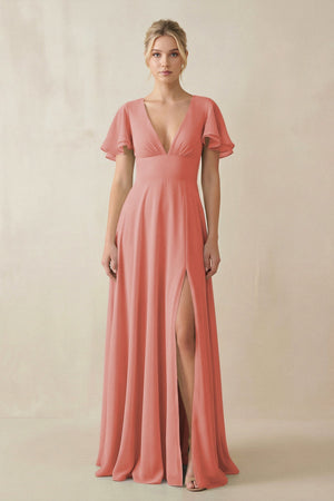 V - Neck Ruffled Short Sleeves A - Line Bridesmaid Dress in Mulberry - KissProm Bridesmaid Dresses