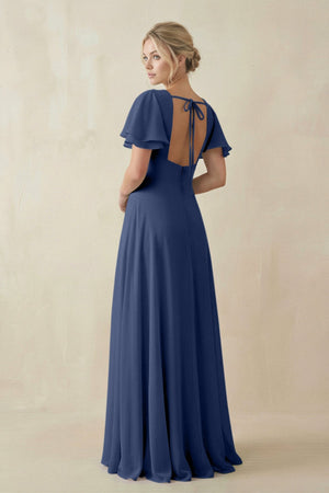 V - Neck Ruffled Short Sleeves A - Line Bridesmaid Dress in Navy - KissProm Bridesmaid Dresses