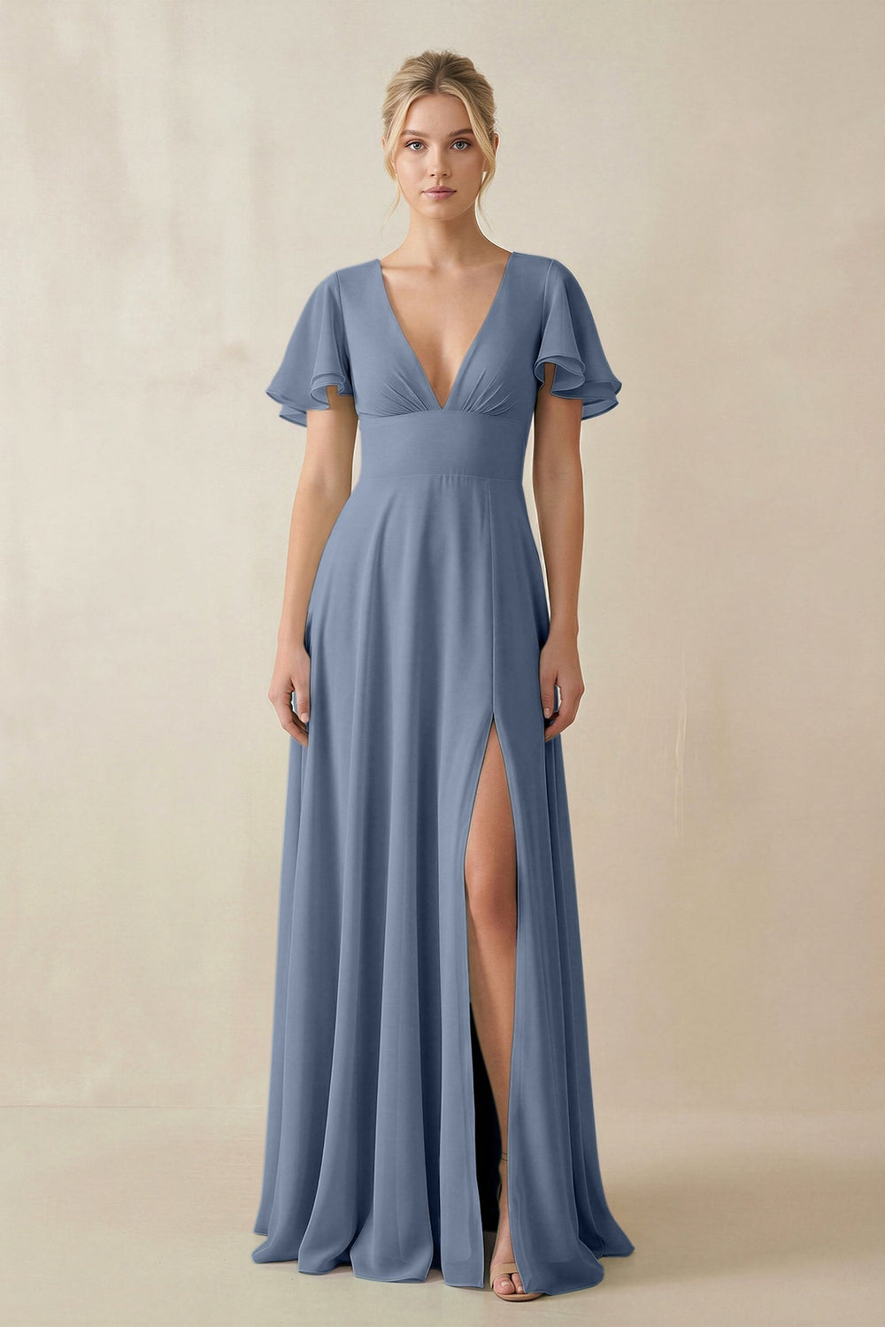 V - Neck Ruffled Short Sleeves A - Line Bridesmaid Dress in Neptune - KissProm Bridesmaid Dresses