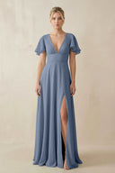 V - Neck Ruffled Short Sleeves A - Line Bridesmaid Dress in Neptune - KissProm Bridesmaid Dresses