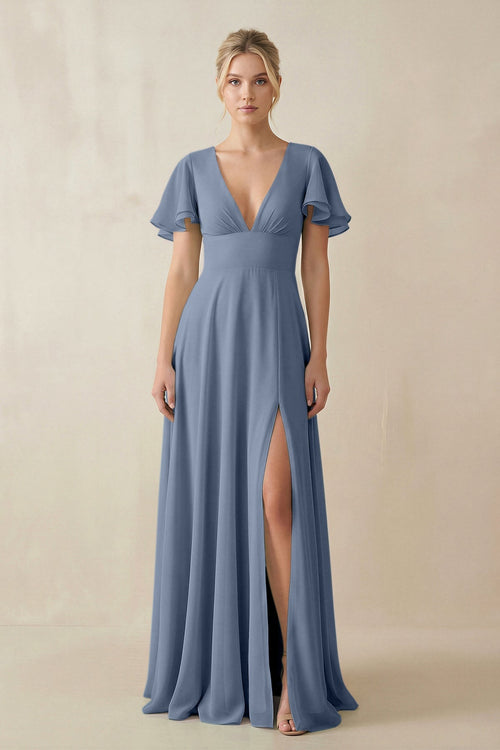 V - Neck Ruffled Short Sleeves A - Line Bridesmaid Dress in Neptune - KissProm Bridesmaid Dresses