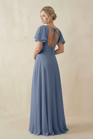 V - Neck Ruffled Short Sleeves A - Line Bridesmaid Dress in Neptune - KissProm Bridesmaid Dresses