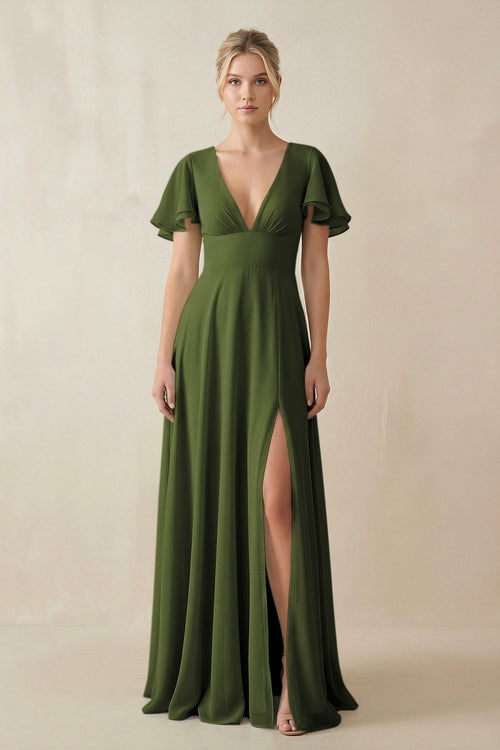 KissProm V-Neck Ruffled Short Sleeves A-Line Bridesmaid Dress in Olive, Olive / 8