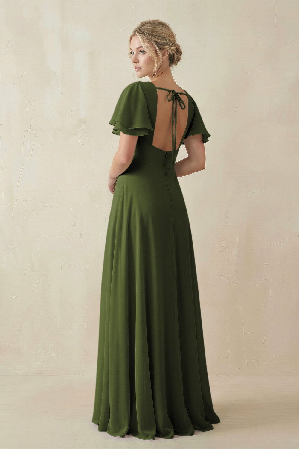 V - Neck Ruffled Short Sleeves A - Line Bridesmaid Dress in Olive - KissProm Bridesmaid Dresses