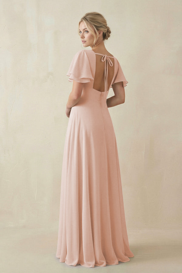 KissProm V-Neck Ruffled Short Sleeves A-Line Bridesmaid Dress in Pale Blush, Pale Blush / 18