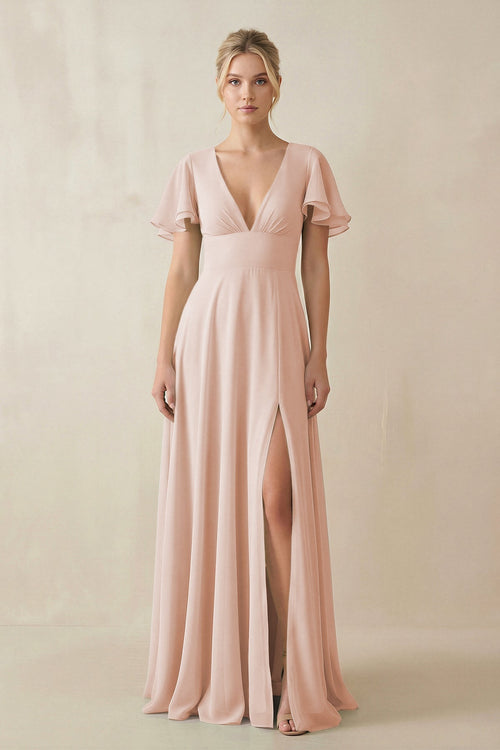 KissProm V-Neck Ruffled Short Sleeves A-Line Bridesmaid Dress in Pale Blush, Pale Blush / 18