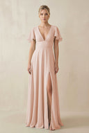 V - Neck Ruffled Short Sleeves A - Line Bridesmaid Dress in Pale Blush - KissProm Bridesmaid Dresses