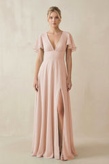 V - Neck Ruffled Short Sleeves A - Line Bridesmaid Dress in Pale Blush - KissProm Bridesmaid Dresses