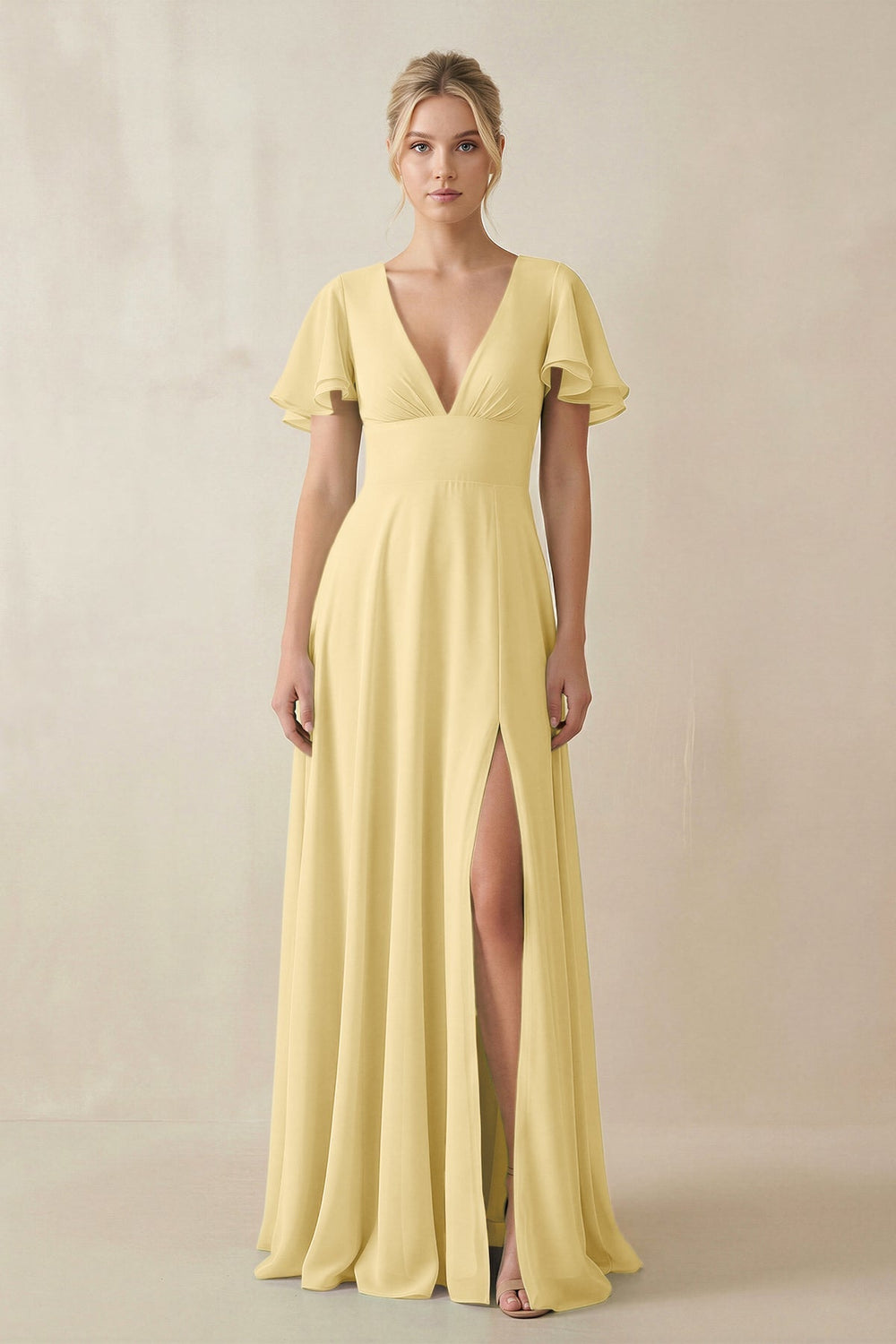 V - Neck Ruffled Short Sleeves A - Line Bridesmaid Dress in Pastel Yellow - KissProm Bridesmaid Dresses