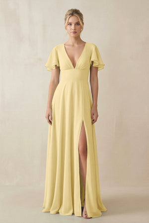 V - Neck Ruffled Short Sleeves A - Line Bridesmaid Dress in Pastel Yellow - KissProm Bridesmaid Dresses